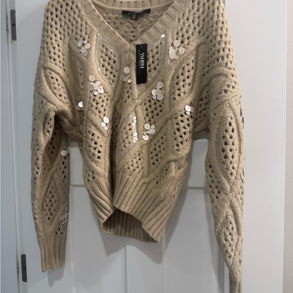 WHBM Tan Knit Sweater with Sequins